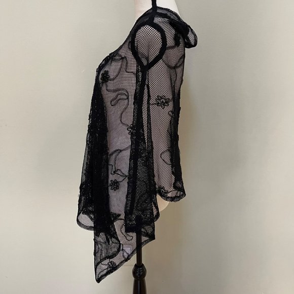 Women's Kimono Top Beach Cover Up V Neck Sheer Fishnet Mesh Black One Size - Picture 8 of 12